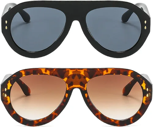 Vista 14 de Gafas de sol de piloto de moda populares para mujer, sombras UV400 Remaches retro decoración gradiente tendencia hombres gafas de sol redondas Rojo