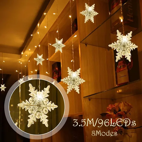 Vista 3 de Luces LED de cortina de copos de nieve, 13 pies / 13.1 ft, 96 luces LED de copo de nieve, luces de copos de nieve de Navidad, 8 modos