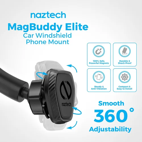 Vista 2 de Naztech MagBuddy Elite - Soporte magnético para teléfono con ventosa para parabrisas, ajustable en 360°, compatible con iPhone y Android