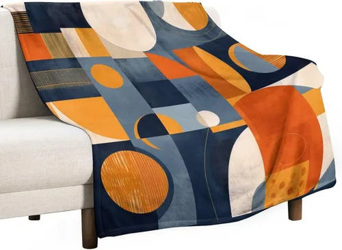 Vista 26 de Manta de franela de mediados de siglo, color azul marino, naranja quemado, estética abstracta, geométrica, acogedora, manta moderna de mediados