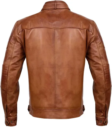 Vista 4 de Chaqueta de cuero de color sólido estilo motocicleta Cafe Racer para hombre Chaqueta de cuero marrón para motocicleta Slim Fit para hombre