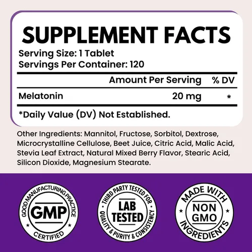 Vista 2 de VITBOOST Melatonina 20 mg – 120 comprimidos de disolución rápida – Sabor natural de bayas – Ayuda para dormir de alta potencia – 100% libre