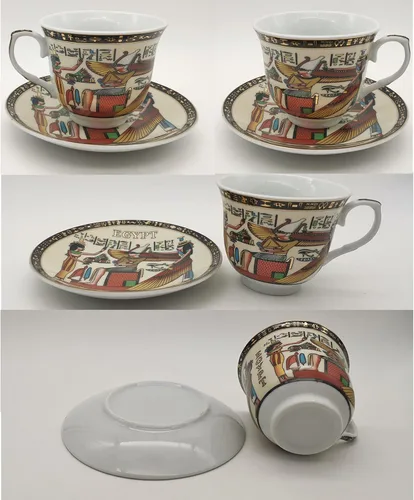 Vista 6 de Juego de tazas y platillos de café expreso de cerámica dorada egipcia, taza Demitasse de 3.4 oz/3.4 fl oz, regalo de porcelana para cumpleaños