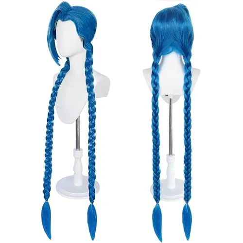 Vista 8 de Peluca azul de 47 pulgadas con flequillo para mujer con dos colas de caballo + gorra de peluca, peluca azul larga y recta, peluca sintética