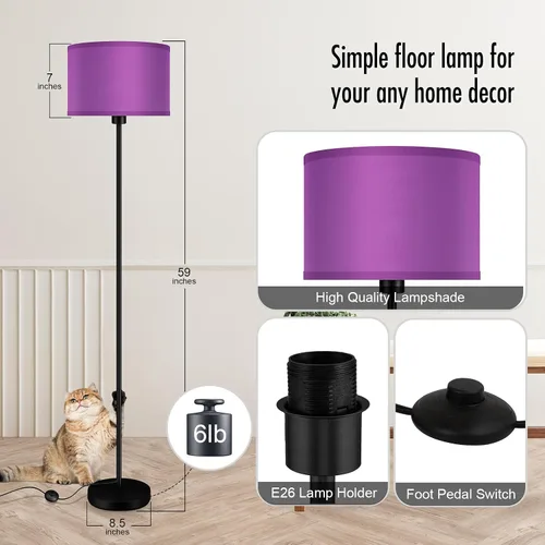 Vista 5 de AUQUEE Floor Lamp, Standing Lamp, Modern Stand Up Lamps with Purple Lampshade, 59" Tall, Foot Switch, Simple Living Room Decor for Kids Room, Girls