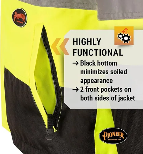 Vista 7 de Pioneer Hi Vis - Chaqueta impermeable de seguridad 2 en 1 para hombres y mujeres, se invierte a un acolchado negro, equipo impermeable reflectante