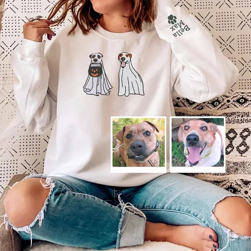Vista 4 de GodLover Sudadera de fantasma del futuro bordado con fotos personalizadas, sudadera de cuello redondo de Halloween, sudadera de perro fantasma