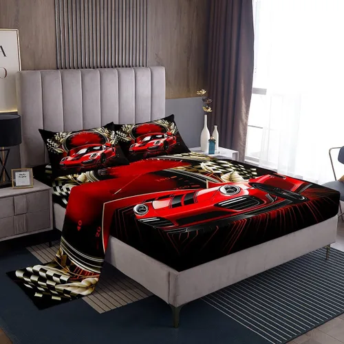 Vista 14 de Erosebridal Red Race Car - Juego de sábanas para niños y adolescentes, tamaño individual, juego de 3 piezas, sábana bajera + sábana encimera + 1