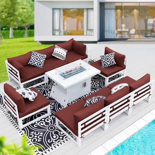 Vista 53 de BULEXYARD - Sofá modular de aluminio para exteriores con mesa para fogata, 7 piezas, color verde azulado