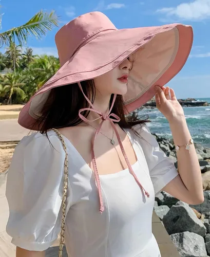 Vista 48 de Sombrero de sol de ala súper ancha para mujer, de algodón, plegable, reversible, con borde con cable, protección UV, verano, playa, viajes, jardín