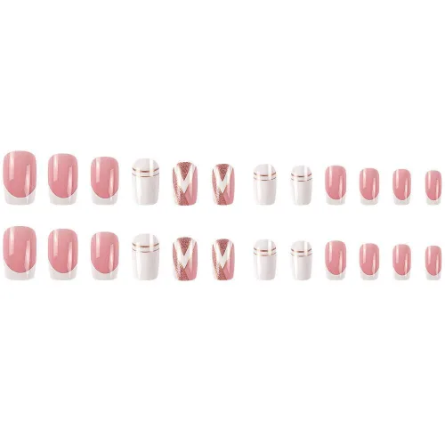 Vista 4 de Uñas postizas a presión de punta francesa, uñas postizas cuadradas cortas, uñas postizas de punta blanca con diseños de lujo rosa brillante
