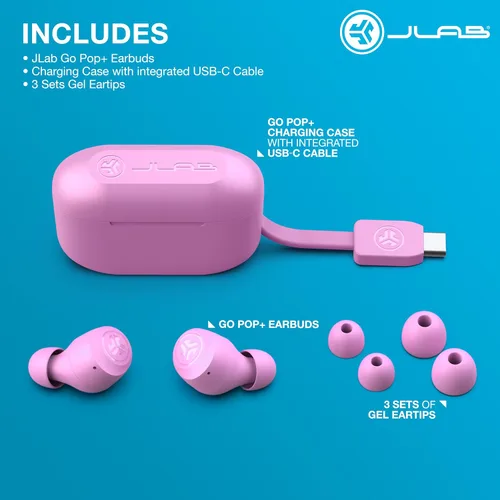 Vista 8 de JLab Go Air Pop+ Auriculares Bluetooth inalámbricos verdaderos en color rosa más puntas de auriculares mnemónicos de espuma de nube