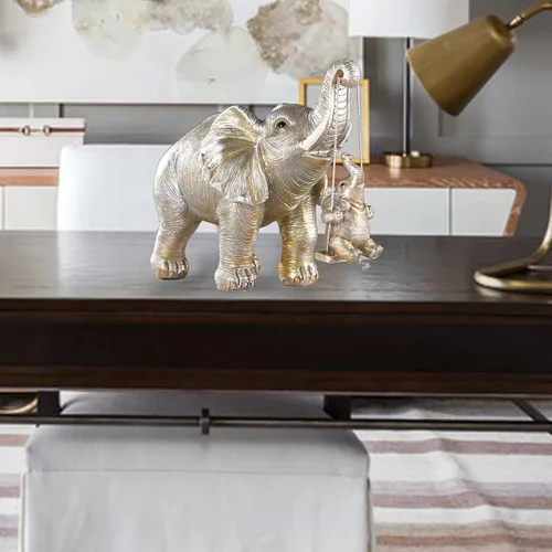 Vista 8 de BRASSTAR Estatua de elefantes de plata de resina bebé elefante sentado en columpio figura traer suerte felicidad riqueza decoración del hogar 7.1