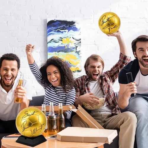 Vista 7 de Hiboom Balón de fútbol dorado con autógrafo de fútbol con soporte de exhibición, bomba de aire para trofeos, aniversario, escuela secundaria