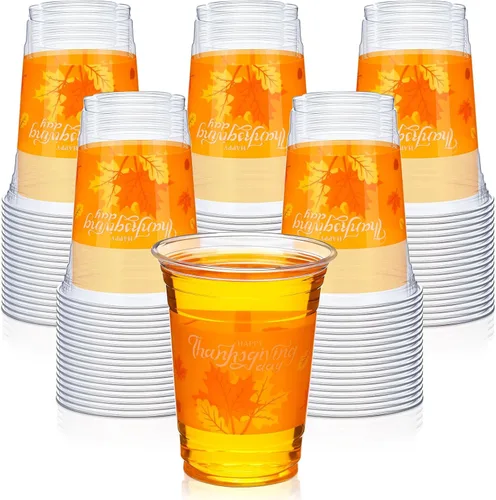 Vista 8 de Sliner Vasos de plástico desechables de Acción de Gracias, hojas de otoño y otoño, tazas de plástico transparente con patrón de hoja de arce