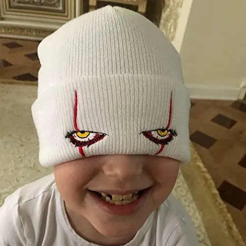 Vista 2 de Suillty Gorro unisex de punto acrílico de invierno con bordado de ojos aterradores gorros de invierno cálidos de Halloween para adultos y niños