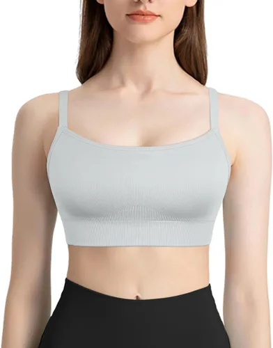 Vista 2 de VEQKING Sujetador deportivo para mujer, tirantes delgados ajustables, cuello cuadrado, sin costuras, para entrenamiento, yoga, bralette con copas