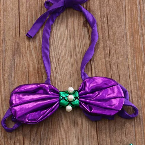 Vista 3 de Traje de dos piezas para niñas con cuello colgante de sirena y cuello halter de perlas + traje de tul con retazos de cola de sirena