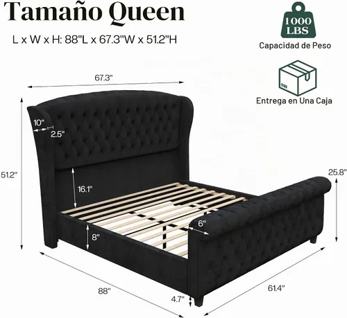 Vista 2 de LUXOAK Estructura de cama tapizada tamaño Queen con cabecera capitoné Negro
