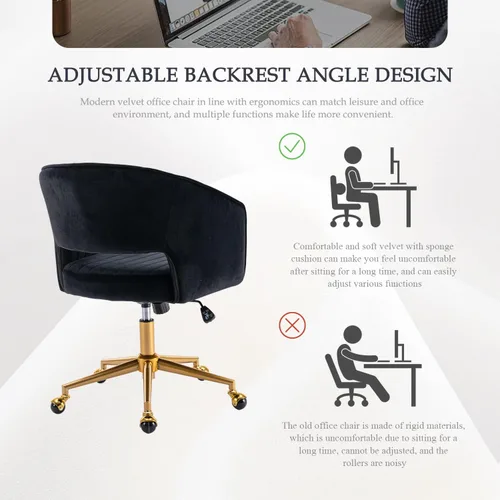 Vista 6 de Eifizek Silla de escritorio de oficina de terciopelo, moderna silla de escritorio ajustable para el hogar con ruedas, silla giratoria para Negro