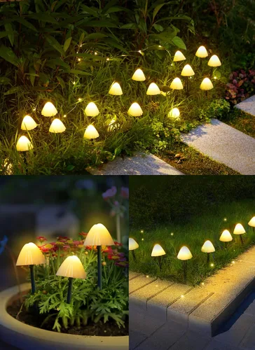 Vista 2 de Luces solares de jardín en forma de hongo para exteriores, 20 LED 32.8 FT luces solares para caminos al aire libre impermeables para cerca con 8