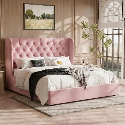 Vista 12 de HOMBCK - Marco de cama tamaño completo, base de cama tapizada en plataforma gris con cabecero, terciopelo acolchado, diseño de ala curvada, listones