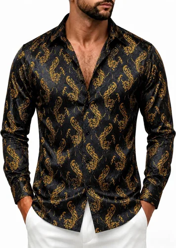 Vista 14 de DiBanGu Camisa de vestir de paisley de seda para hombre, formal, de manga larga, con cuello abotonado, camisas informales para fiesta de boda Negro