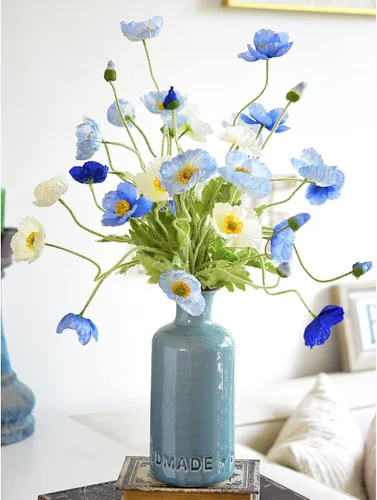 Vista 7 de FiveSeasonStuff Ramo de flores artificiales de amapolas de seda para recuerdo, hogar, boda, 22 pulgadas, 6 tallos (azul hielo antártico)