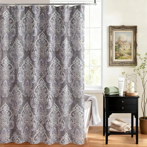 Vista 15 de Cortina de ducha de tela negra y beige, cortina de ducha con estampado de medallón vintage, cortina de baño decorativa impermeable, 72 pulgadas