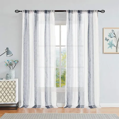Vista 9 de Central Park Cortinas Transparentes de Rayas Beige y Blancas Estilo Granja de Lino Bouclé, Pares de Paneles de Cortina de Ventana Tejidos con Hilo