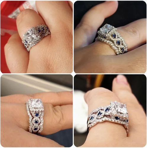 Vista 2 de Newshe - Juego de anillos de compromiso de plata de ley 925, 3 piezas de 2,5 quilates, color blanco, azul, talla 5 10