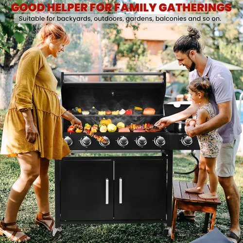 Vista 2 de Parrilla de gas con 6 quemadores y quemador lateral con 403 pulgadas cuadradas, parrilla de gas de propano para exteriores con 60,000 BTU, con tapa