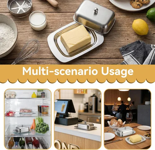 Vista 3 de Mantequillera con tapa, recipiente de mantequilla de acero inoxidable para mantequilla y queso, caja de almacenamiento de mantequilla con asa