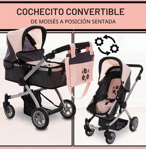 Vista 3 de Dolls To Play Cochecito Convertible de Muñeca Bebé para Niños, Mango Ajustable Carrito Buggy Plegable con Toldo y Cesta de Almacenamiento, Ruedas