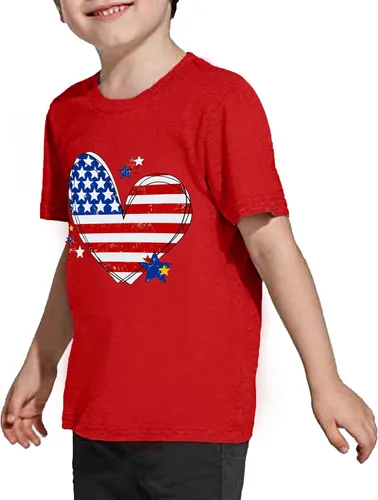 Vista 3 de Camisa con bandera americana para niños y niñas, diseño de corazón con bandera de Estados Unidos, camiseta patriótica del 4 de julio