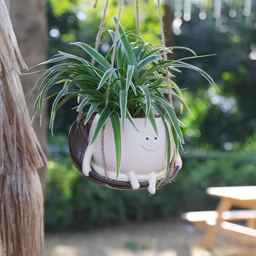 Vista 6 de Macetero Colgante con Silla Cintillo y Cara Sonriente para Plantas de Interior y Exterior, Macetas de Resina Lindas con Cabeza para Cadena