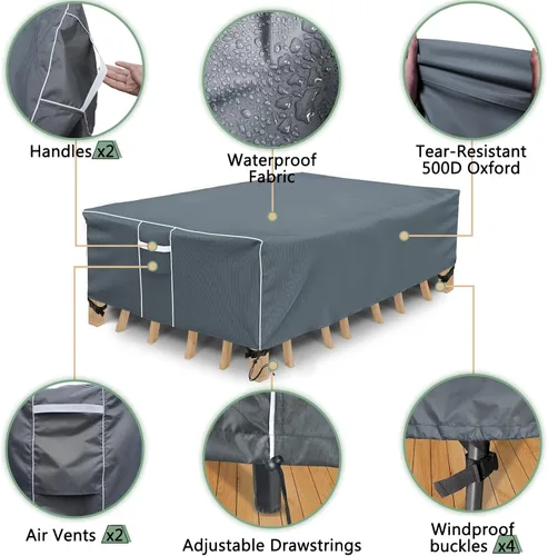 Vista 3 de Funda para mesa de patio, impermeable, rectangular, resistente 500D, protección para todo tipo de clima, para muebles de exterior, 90 pulgadas