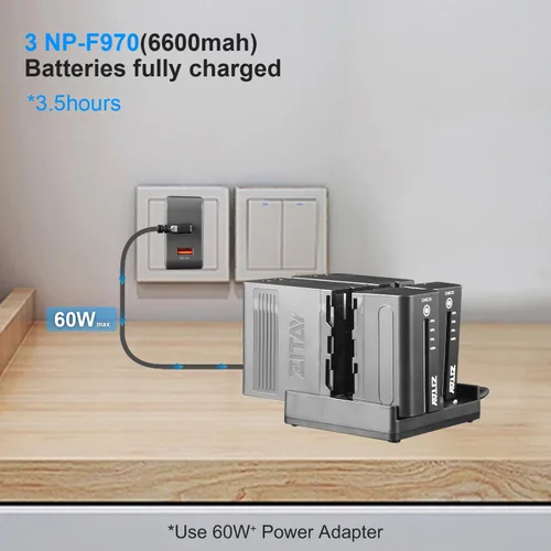 Vista 3 de Estación de carga rápida USB C de 4 canales con adaptador de cargador rápido PD de 65 W para baterías Sony NP-F550, NP-F750, NP-F770, NP-F970