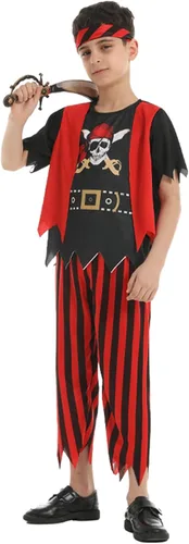 Vista 4 de Disfraz de pirata para niños, juego de rol de pirata, abrigo para niños, pantalones, sombrero con accesorios, juego de lujo para fiesta y cosplay