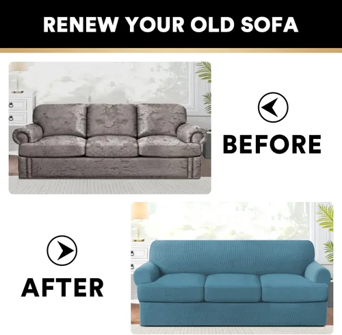 Vista 8 de Paquete de fundas para sofá con cojín en forma de T de 3/4 piezas, protector de muebles, patrón a cuadros, extraíbles y lavables, color azul tormenta