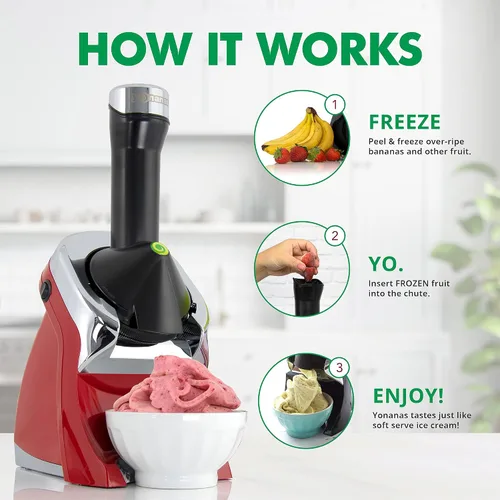 Vista 5 de Yonanas 988RD Deluxe - Máquina Vegana, Sin Lácteos, de Helado Suave de Frutas Congeladas, Incluye 75 Recetas, 200 W, Color Rojo