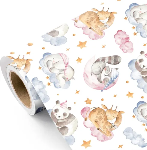 Vista 15 de WRAPAHOLIC Rollo de papel de regalo Kraft Animal - Mini Rollo - 17 pulgadas x 16.5 pies - Diseño de mono, elefante y dinosaurio lindos, perfecto