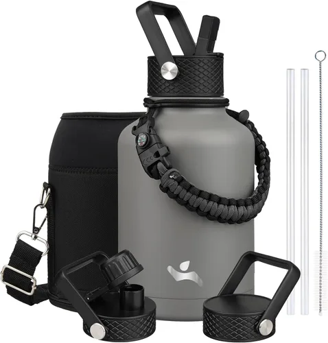 Vista 22 de Konokyo - Botella de agua aislada de 18 onzas, botellas deportivas de acero inoxidable con 3 tapas, verde militar