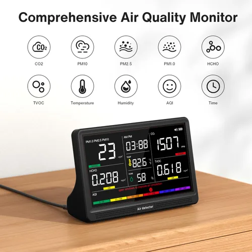 Vista 2 de Monitor de calidad del aire 16 en 1 para interiores, pantalla de 7 pulgadas, 9 alertas AQI+7 AQI, monitor de CO2 probador de calidad del aire