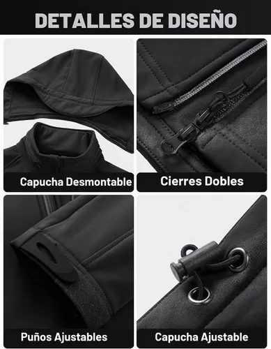 Vista 6 de TACVASEN Chaqueta con capucha Softshell Tactical impermeable con forro Negro