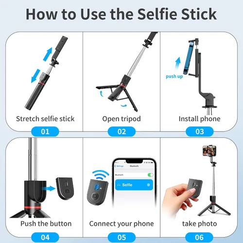 Vista 7 de Palo selfie para iPhone, trípode giratorio de 360° para teléfono con control remoto desmontable, soporte de trípode portátil para grabación