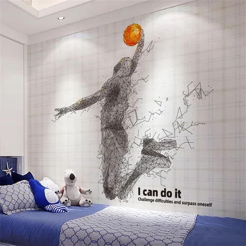Vista 4 de Pegatinas de pared 3D de jugador de baloncesto para dormitorio de niños, calcomanías de sala de estar, calcomanías de pared desmontables