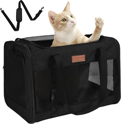 Vista 13 de PETUX - Transportador de mascotas aprobado por aerolíneas para gatos pequeños de hasta 12 libras, color negro 17x11x9.5 in, Underseat, Top & Side