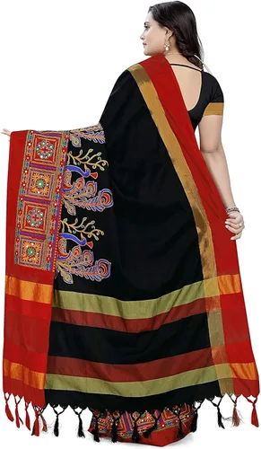 Vista 3 de Indian Hawker Sari de seda de algodón para mujer bordado de sari de trabajo estilo moderno con blusa sin costuras