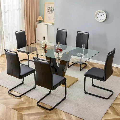 Vista 21 de Juego de mesa de comedor de cristal de 71 pulgadas para 4, juego de mesa de cocina moderno para 4, juego de mesa de comedor para el hogar